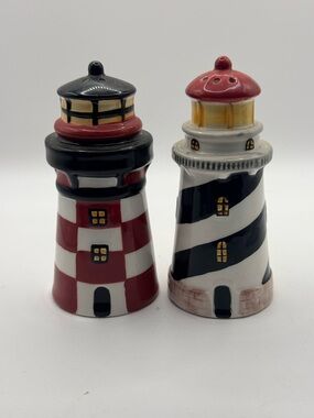 Ceramic Lighthouse Salt and Pepper Shakers - Red, Black, White